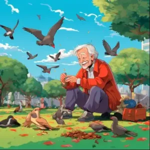 Senior man and birds