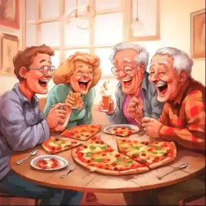 Senior couples enjoying pizza.