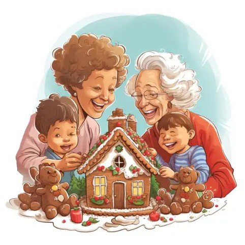 a cartoonimage of a family decorating a gingerbread house on Gingerbread decorating day
