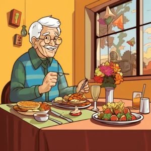 Senior man enjoying a solo dinner out.