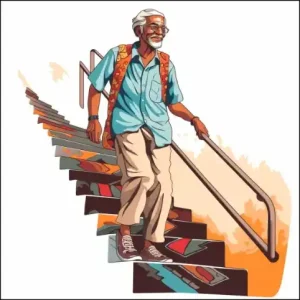 Senior walking down some stairs.