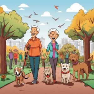 Senior couple walking their pets