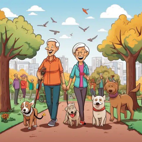 Senior couple walking their pets