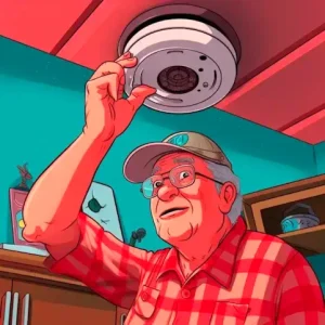 Senior man adjusting smoke alarm.