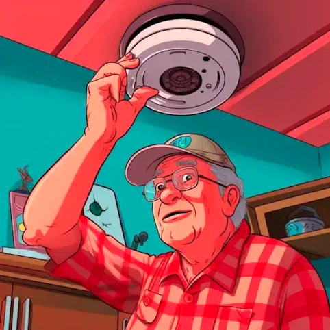Senior man adjusting smoke alarm.