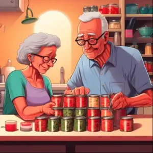 Senior couple organizing canned food.