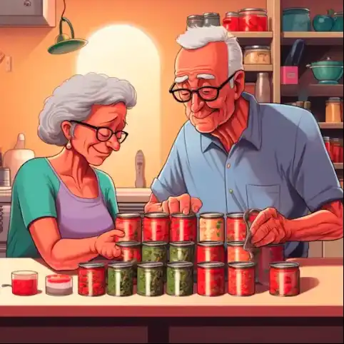 Senior couple organizing canned food.