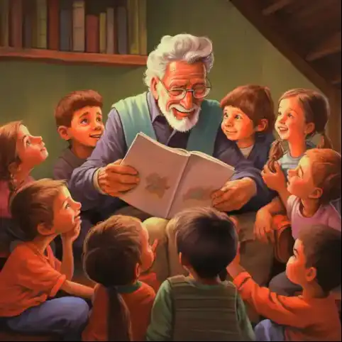 Senior man reading to children.
