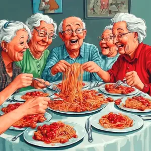 Seniors enjoying a spaghetti dinner.