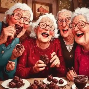 Seniors enjoying delightful chocolate covered raisins.