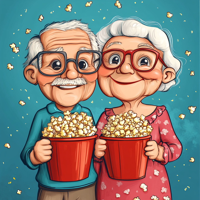 a cartoon image of a senior couple holding containers of popcorn on National Popcorn Day