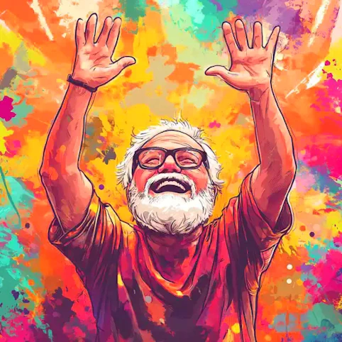 A colorful cartoon image of a joyous senior man raising his arms in celebration of World Religion Day.