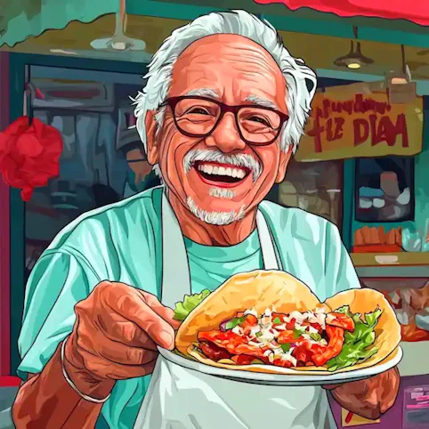 a cartoon image of a smiling senior man holding up a plate of fish tacos on National Fish Taco Day.