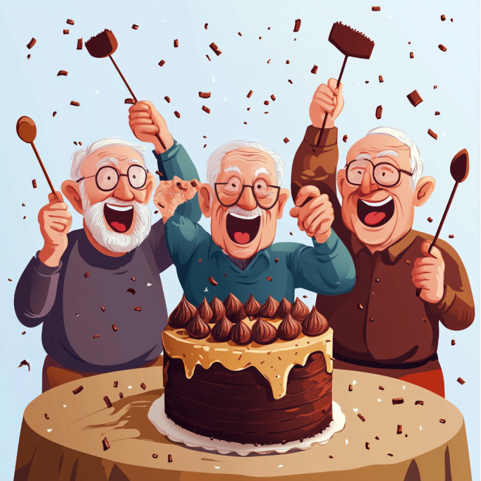 a cartoon image of three senior men celebrating National Chocolate Cake Day