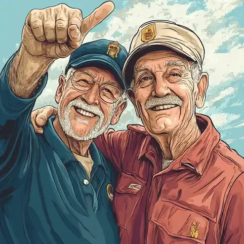 a cartoon image of two senior men celebrating Merchant Navy Day