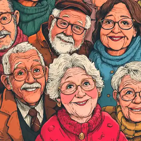 a cartoon image of a group of senior citizens standing shoulder to shoulder on International Day of Charity