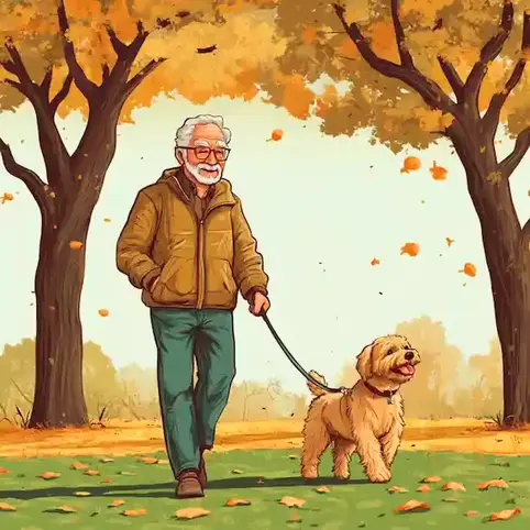 A cartoon image of a man walking his dog on National Dog Walker Appreciation Day