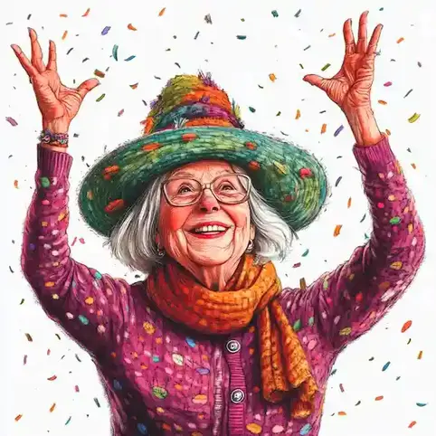 a cartoon image of a senior lady wearing a colorful hat on Felt Hat Day