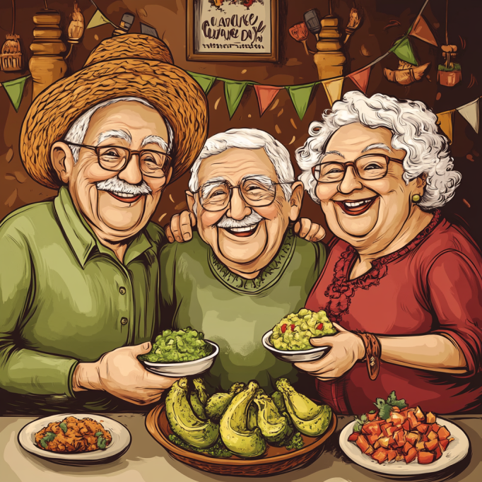 a cartoon image of three senior citizens smiling and holding bowls of guacamole on National Guacamole Day