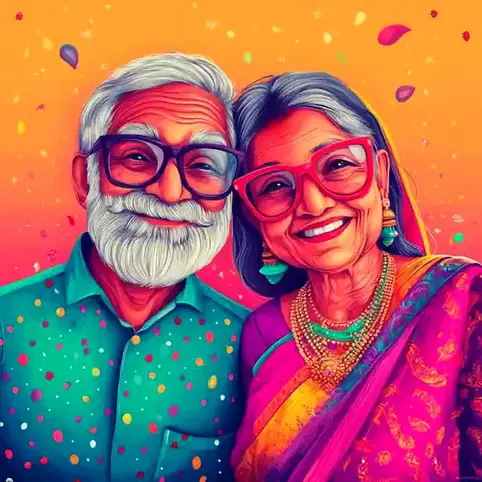 a cartoon image of a senior couple dressed in colorful clothing for Bollywood Day.