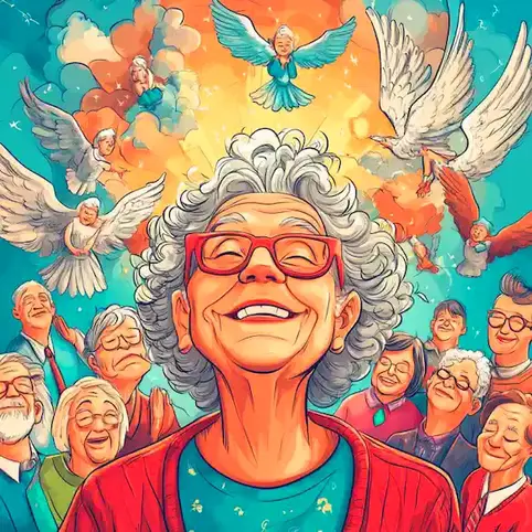 a cartoon image of a group of senior citizens surrounded by angels on Guardian Angel Day