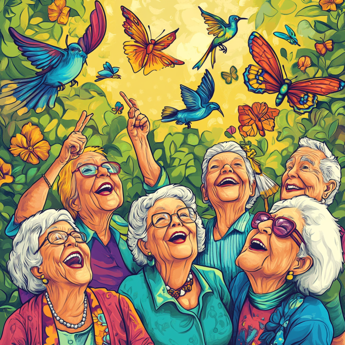 a cartoon image of a group of seniors looking up and enjoying hummingbirds and butterflies all around them on National Butterfly and Hummingbird Day.