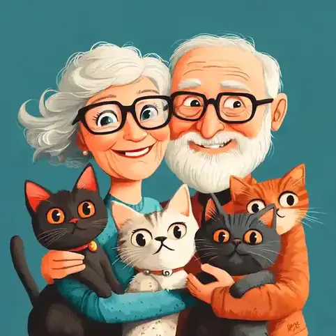 A cartoon image of a happy senior couple cradling four cats on Global Cat Day.