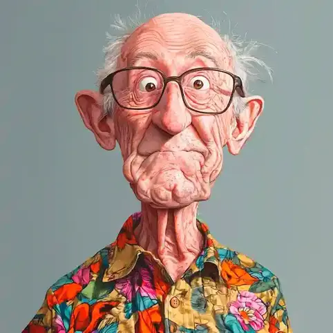 A cartoon image of a senior man wearing a brightly colored shirt on Loud Shirt Day