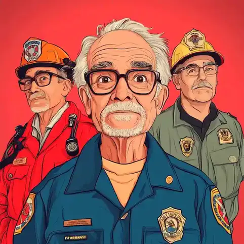 A cartoon image depicting three senior first responders on National First Responders Day. There is a firefighter, a paramedic, and a police officer represented in this image.