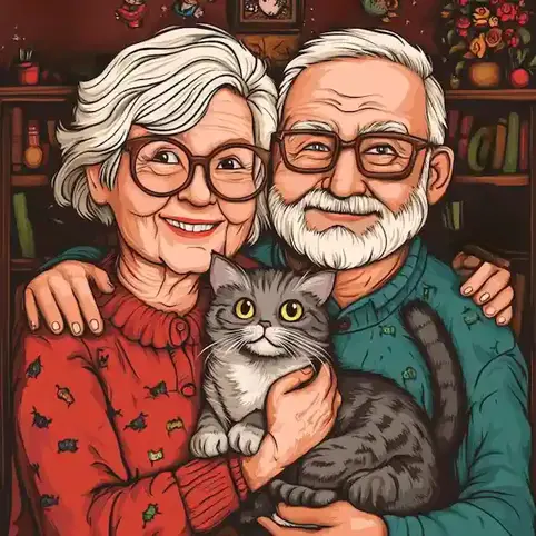A cartoon image of a smiling senior couple holding a gray tabby cat on National Cat Day.
