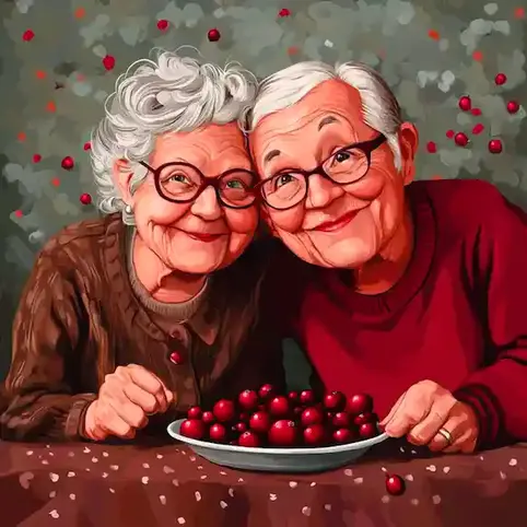 A cartoon image of senior ladies sitting in front of a bowl of cranberries on Eat A Cranberry Day