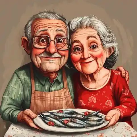 a cartoon image of a senior couple holding a plate of fish on National Sardines Day