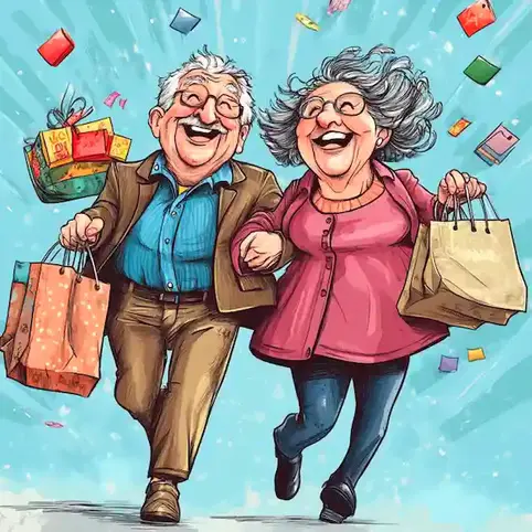 A cartoon image of a senior couple holding shopping bags and dancing for joy on Shopping Reminder Day