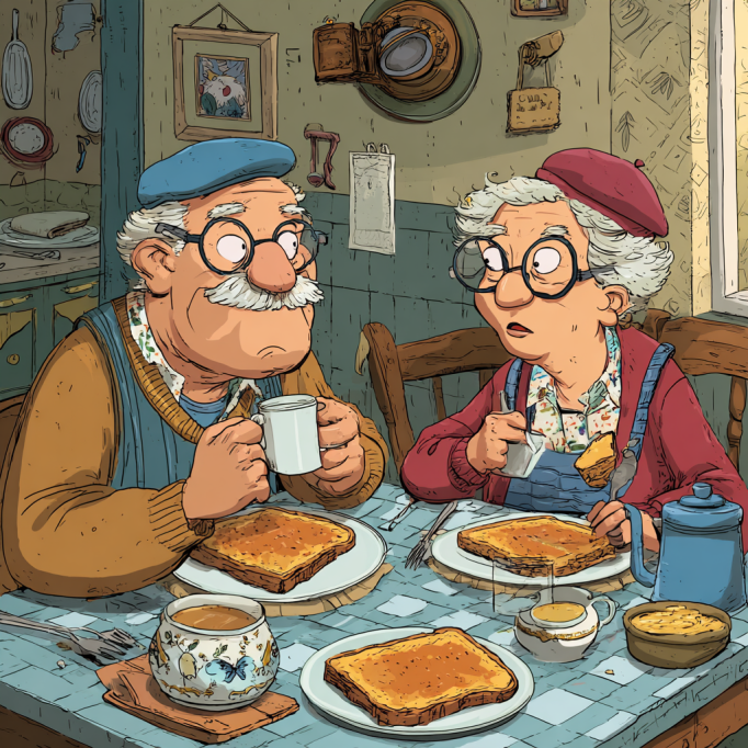 a cartoon image of a senior couple enjoying breakfast on National French Toast Day