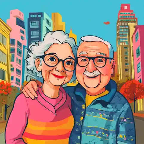 a cartoon image of a senior couple surrounded by skyscrapers on Cities For Life Day