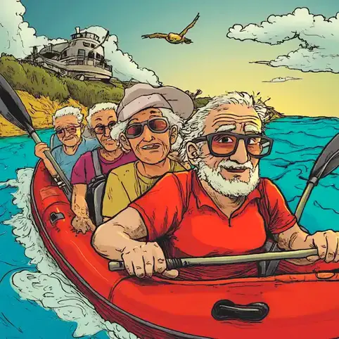 a cartoon image of a group of four seniors who are in a small boat on the ocean on Marooned Without A Compass Day