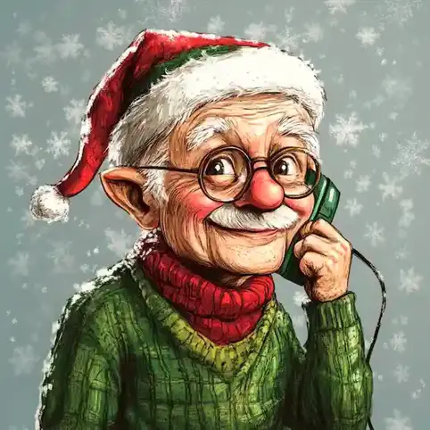 a cartoonimage of a senior man dressed in holiday colored winter clothing and holding a phone to his ear on Answer the Telephone like Buddy the Elf Day