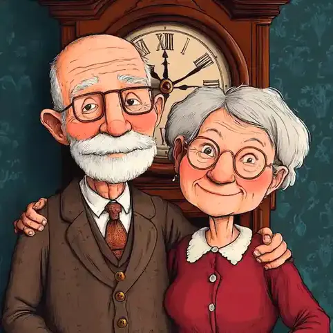 a cartoon image of a senior couple standing in front of a grandfather clock on Tick Tock Day.