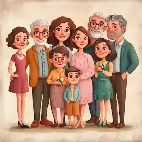 A cartoon image of a family gathered together on Falling Needles Family Fest Day.