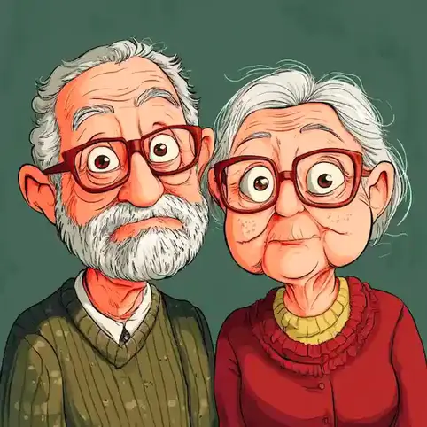 A cartoon image of a senior man and woman looking perplexed on Make Up Your Mind Day.