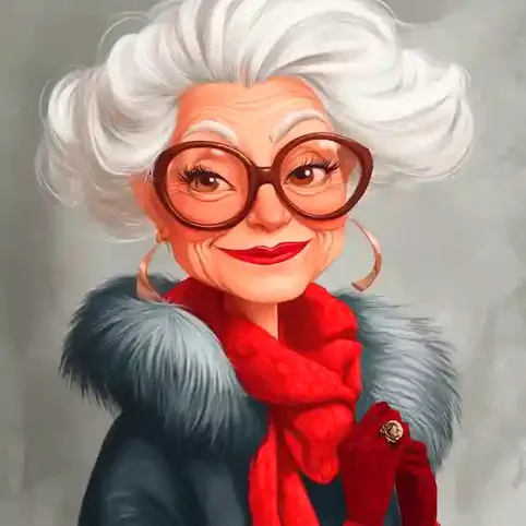 a cartoon image of a stylish senior woman wearing a fake fur sweater on Faux Fur Friday.