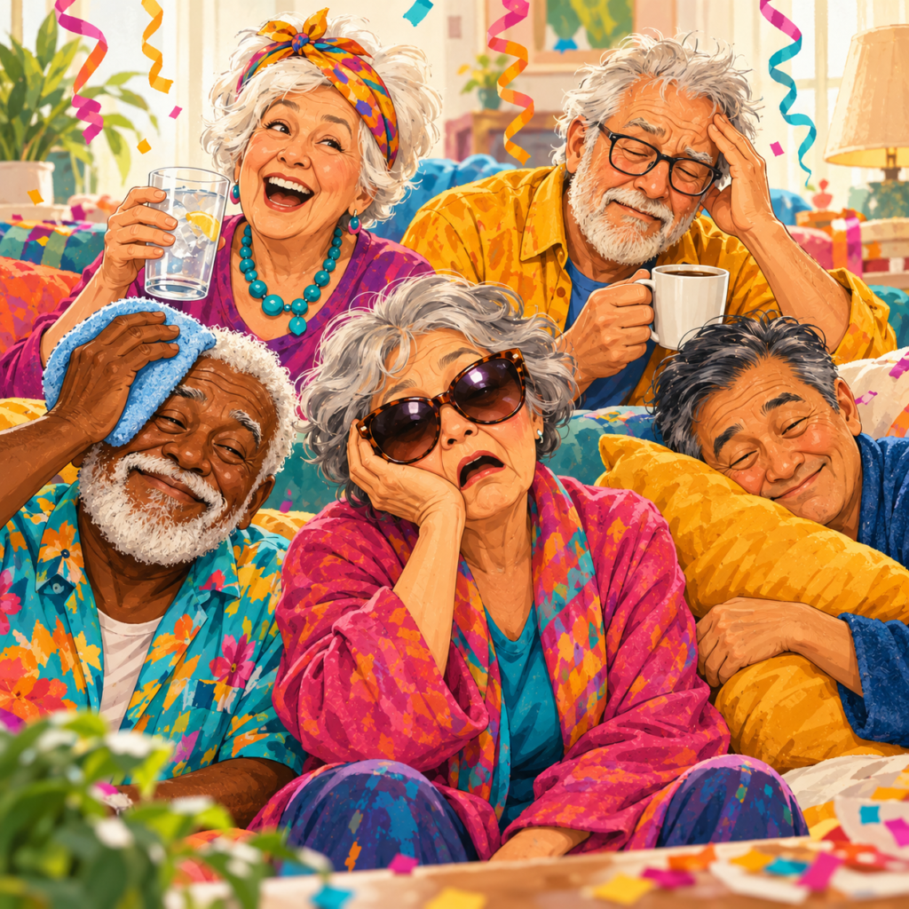 Cartoon image of a group of seniors enjoying National Hangover Day